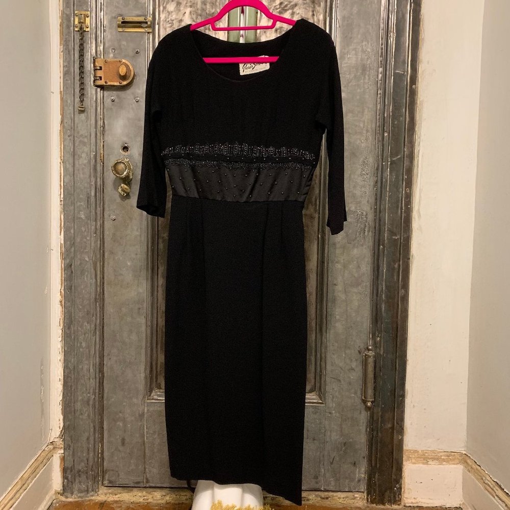 Vintage 50s Gloria Swanson Forever Young black beaded waist 3/4 sleeve sheath co